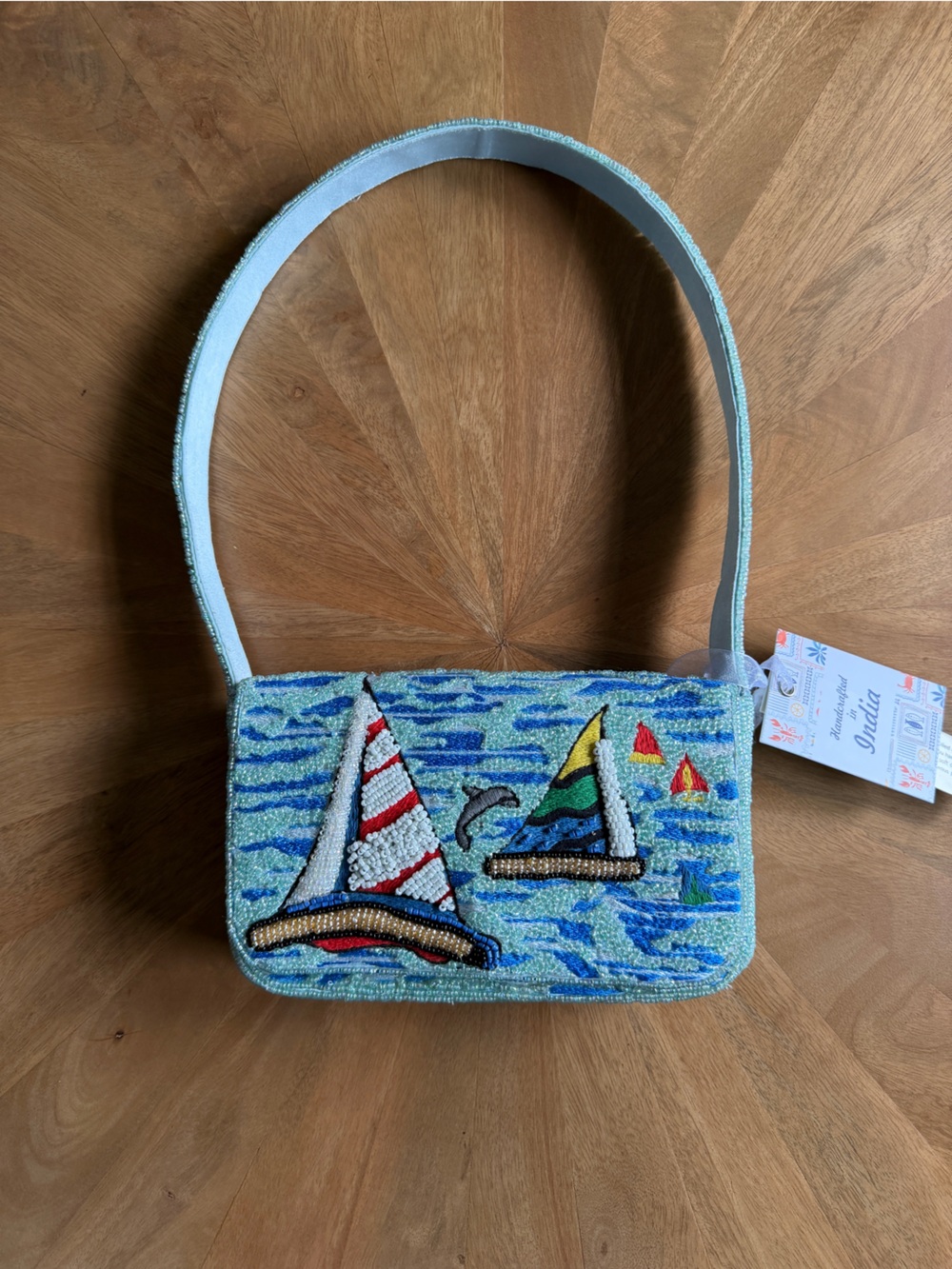 Embroidered Sailboat Beaded Shoulder Bag in Light Blue